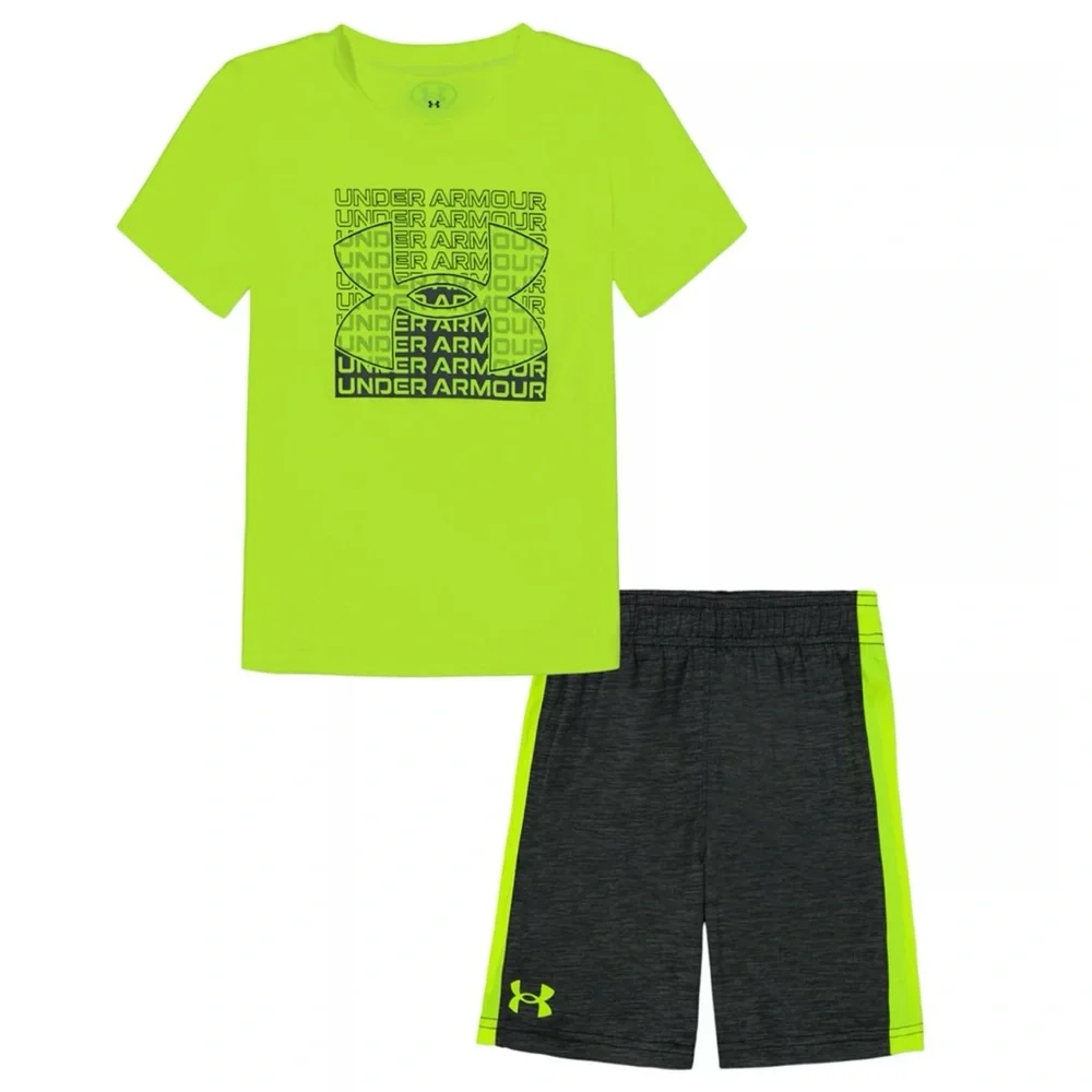 NEW Little Boy Under Armour Neon Logo Tee & Side-Stripe Shorts Set